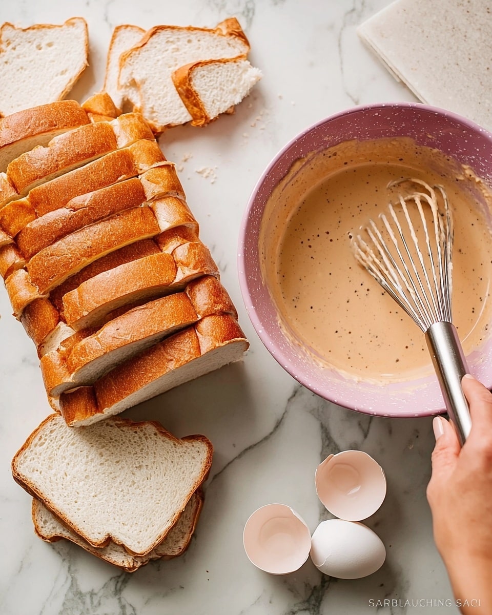 The image shows two parts side by side on a white marbled surface. On the left, there are many slices of light brown bread with soft white inside, arranged in a stack with small pieces cut off around. On the right, a woman's hand is holding a whisk and stirring a light brown mixture inside a pink bowl with small darker spots. Two white eggshells are placed near the bowl. Photo taken with an iphone --ar 4:5 --v 7