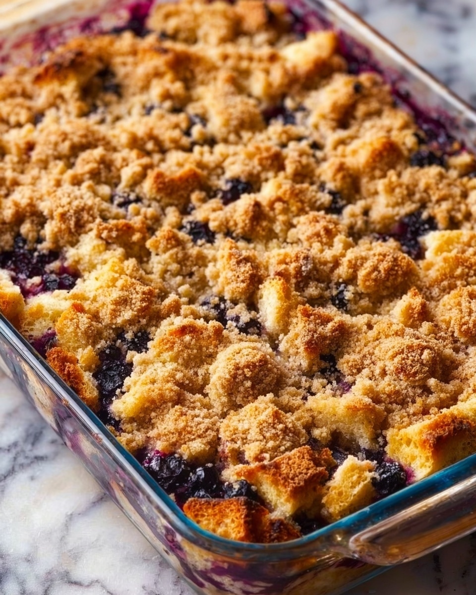 A baked dessert in a clear glass rectangular dish with one layer of golden brown crumbly topping scattered unevenly across the surface, mixed with pieces of light toasted bread cubes and dark blue berries visible underneath. The white marbled surface supports the dish, with subtle purple hints peeking from the dessert edges. The texture looks crunchy on top with soft and moist berry and bread layers inside, photo taken with an iphone --ar 4:5 --v 7