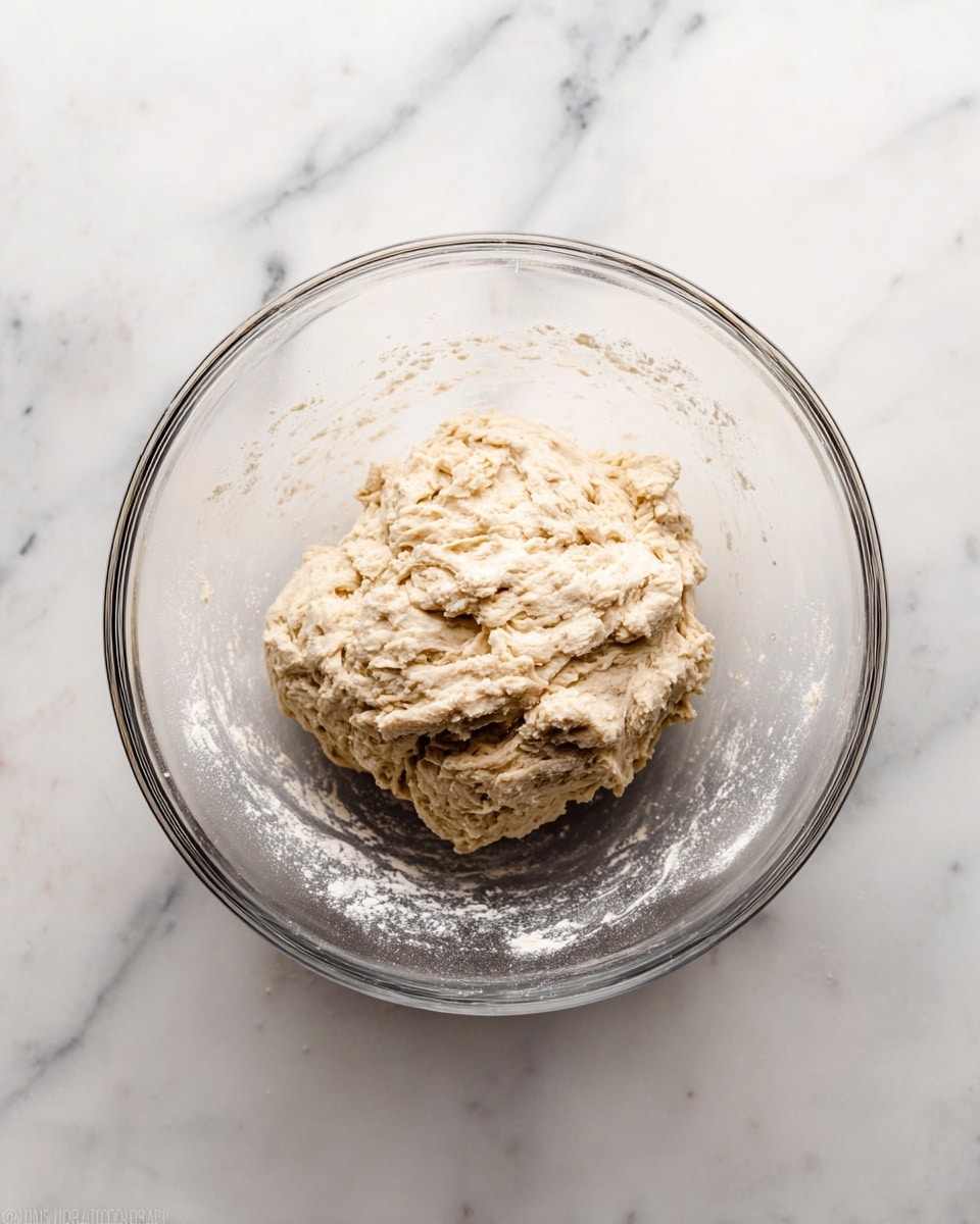 A clear glass bowl sits on a white marbled surface, filled with one large mound of light beige dough. The dough has a rough texture with visible small lumps and flour dusted on its sides and bottom inside the bowl. The bowl is centered in the image with soft natural lighting, showing the dough ready for resting or rising. photo taken with an iphone --ar 4:5 --v 7