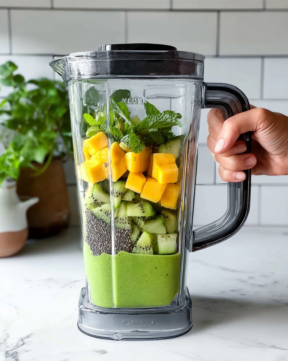 A clear blender jar held by a woman's hand gripping the black and silver handle on the right side, sitting on a white marbled surface. Inside the blender, the bottom layer is a thick, bright green liquid, topped by chunks of green cucumber and kiwi pieces with pale green and bright yellow colors. On top of these, vibrant orange mango cubes and fresh green mint leaves add color, with small black and white chia seeds sprinkled over the middle layers. The background shows white tiles and a green potted plant on the left side. Photo taken with an iphone --ar 4:5 --v 7