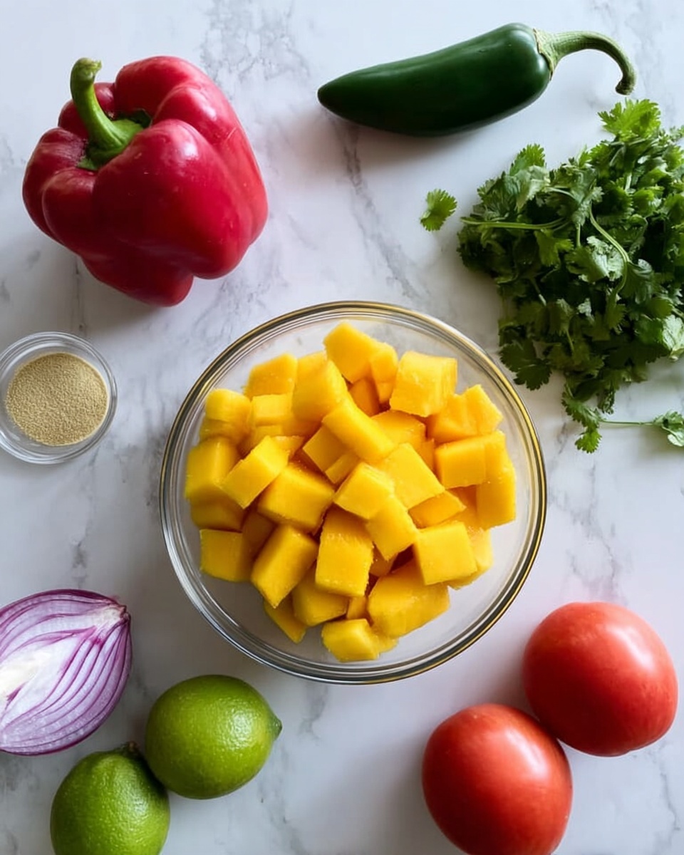 A clear glass bowl filled with small, bright yellow mango cubes is placed in the center on a white marbled surface. Around it, there is a whole red bell pepper with a green stem at the top left, a small green jalapeño pepper above the bowl, and a bunch of fresh green cilantro on the top right. A small clear glass bowl with light brown powder sits near the cilantro. To the bottom left of the mango bowl, there is a half purple onion with visible layers, and to its left, two whole green limes. At the bottom right, two red Roma tomatoes lie side by side. photo taken with an iphone --ar 4:5 --v 7