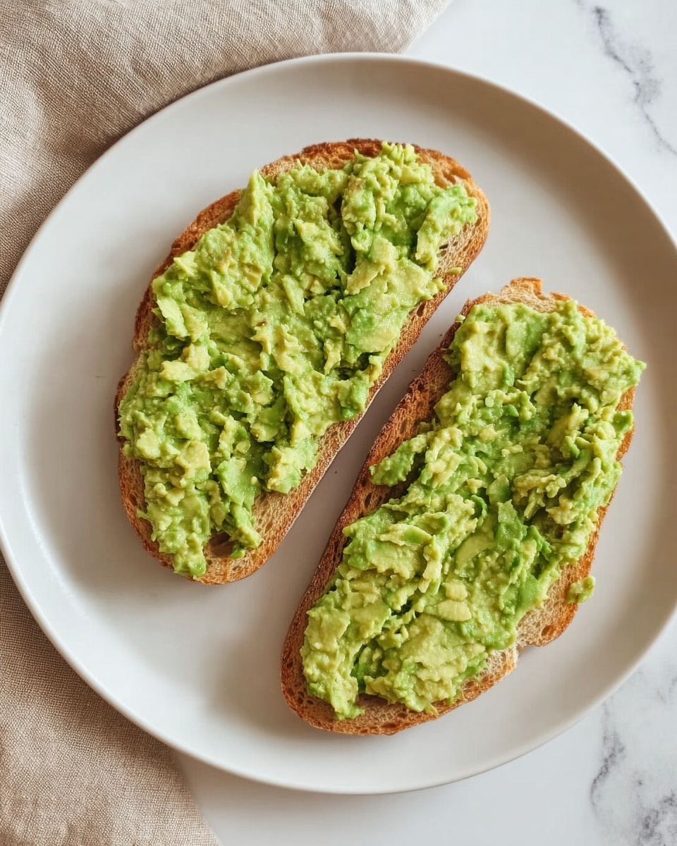 A white plate holds two slices of toasted bread, each topped with a thick, uneven layer of mashed avocado. The avocado spread is vibrant green with a slightly chunky texture, covering the entire surface of the golden-brown toast. The background is a white marbled surface, and a beige fabric is slightly visible in the upper corner. Photo taken with an iphone --ar 4:5 --v 7