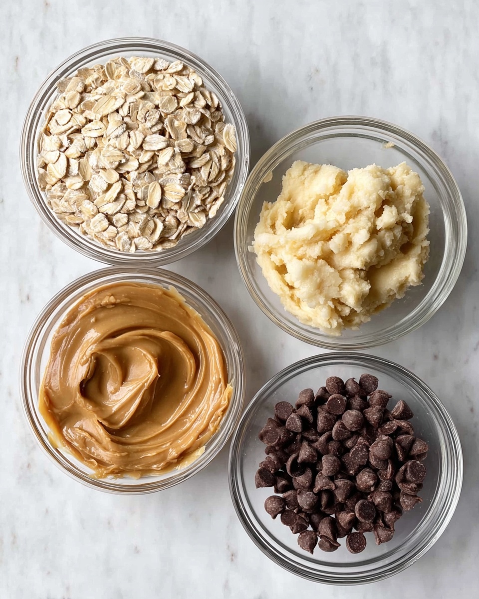 The image shows four small clear glass bowls arranged on a white marbled surface. The top left bowl contains light beige rolled oats with a dry, flat texture. The top right bowl holds mashed bananas, creamy and slightly chunky, in a pale yellow color. The bottom left bowl is filled with smooth, light brown peanut butter with a glossy surface and a small swirl in the center. The bottom right bowl has dark brown chocolate chips, small and shiny with a teardrop shape. photo taken with an iphone --ar 4:5 --v 7