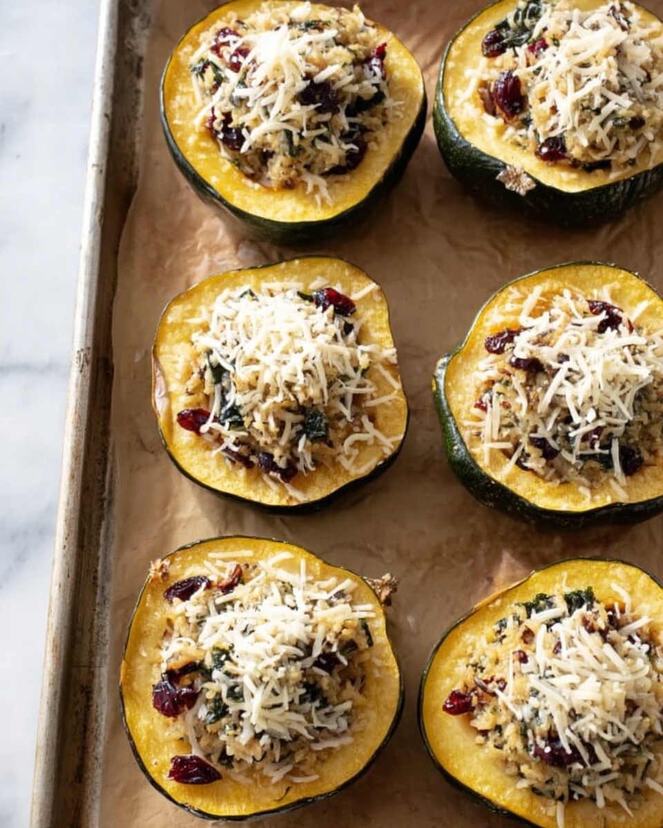 The image shows six round slices of roasted squash arranged on a baking tray lined with brown parchment paper, all placed on a white marbled surface. Each squash slice has a thick, soft yellow-orange base with a dark green rind around the edge. On top of every slice, there is a layer of finely chopped light-colored filling mixed with small dark red pieces, possibly dried fruit. The top layer is light-colored shredded cheese scattered evenly over the filling. The texture of the squash looks tender, and the cheese appears slightly melted but still distinct. photo taken with an iphone --ar 4:5 --v 7