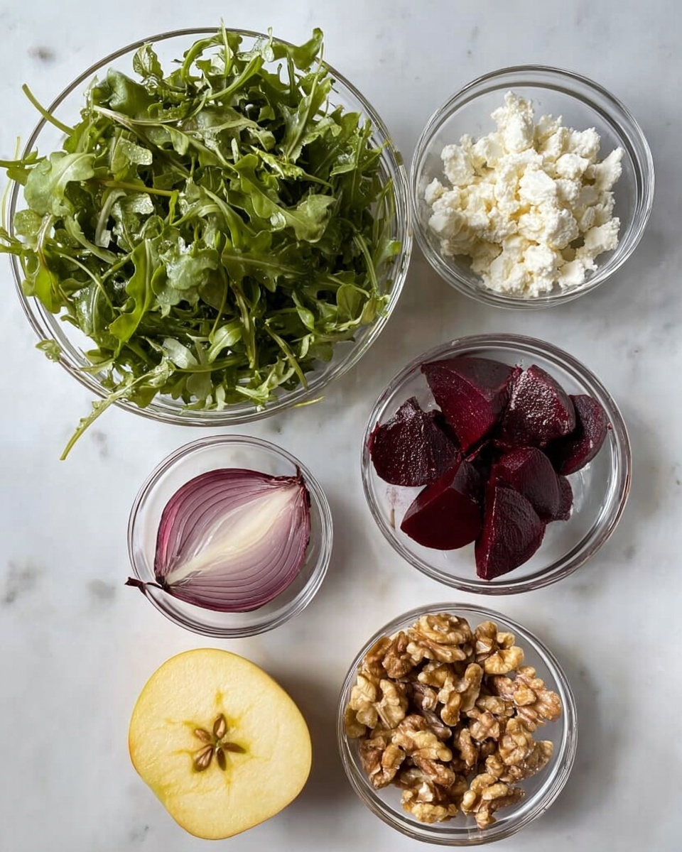 The image shows six small bowls and food pieces set on a white marbled surface. On the top left, there is a large clear bowl filled with fresh green arugula leaves with visible stems. Moving clockwise, a small clear bowl holds white crumbled cheese with a soft texture. Next to it is a halved onion, showing purple outer skin and the light inner layers. Below the onion, a clear bowl contains dark red cooked beets with a smooth and shiny surface. On the bottom center, a clear bowl holds a mix of walnut pieces with rough textures in light brown color. Finally, on the bottom left, there is a quarter piece of a yellow apple with a smooth skin and visible seeds. Photo taken with an iphone --ar 4:5 --v 7