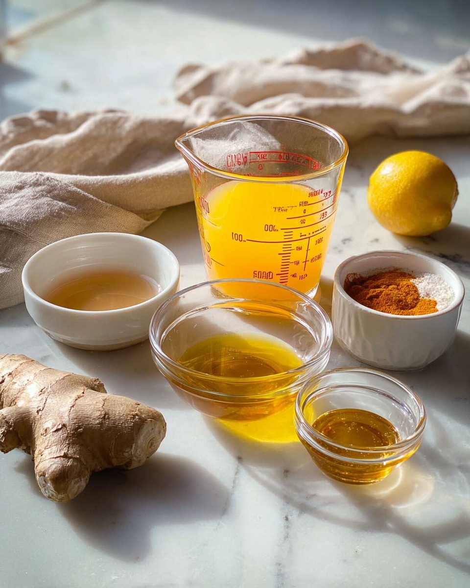 The image shows a white marbled surface with a clear glass measuring cup filled about half with bright yellow-orange juice in the center. In front of the cup, there is a small clear glass bowl with golden honey and another small clear bowl with water side by side. To the left, a piece of fresh ginger root lies on the surface. Behind these, there are two more small clear bowls, one containing a light brown liquid and the other empty or with clear liquid. To the right side, there is a white bowl with ground spices, showing bright orange and brown colors. Further back, there is a whole bright yellow lemon and a light beige cloth draped casually. The overall look is bright with natural light coming from the left. Photo taken with an iphone --ar 4:5 --v 7