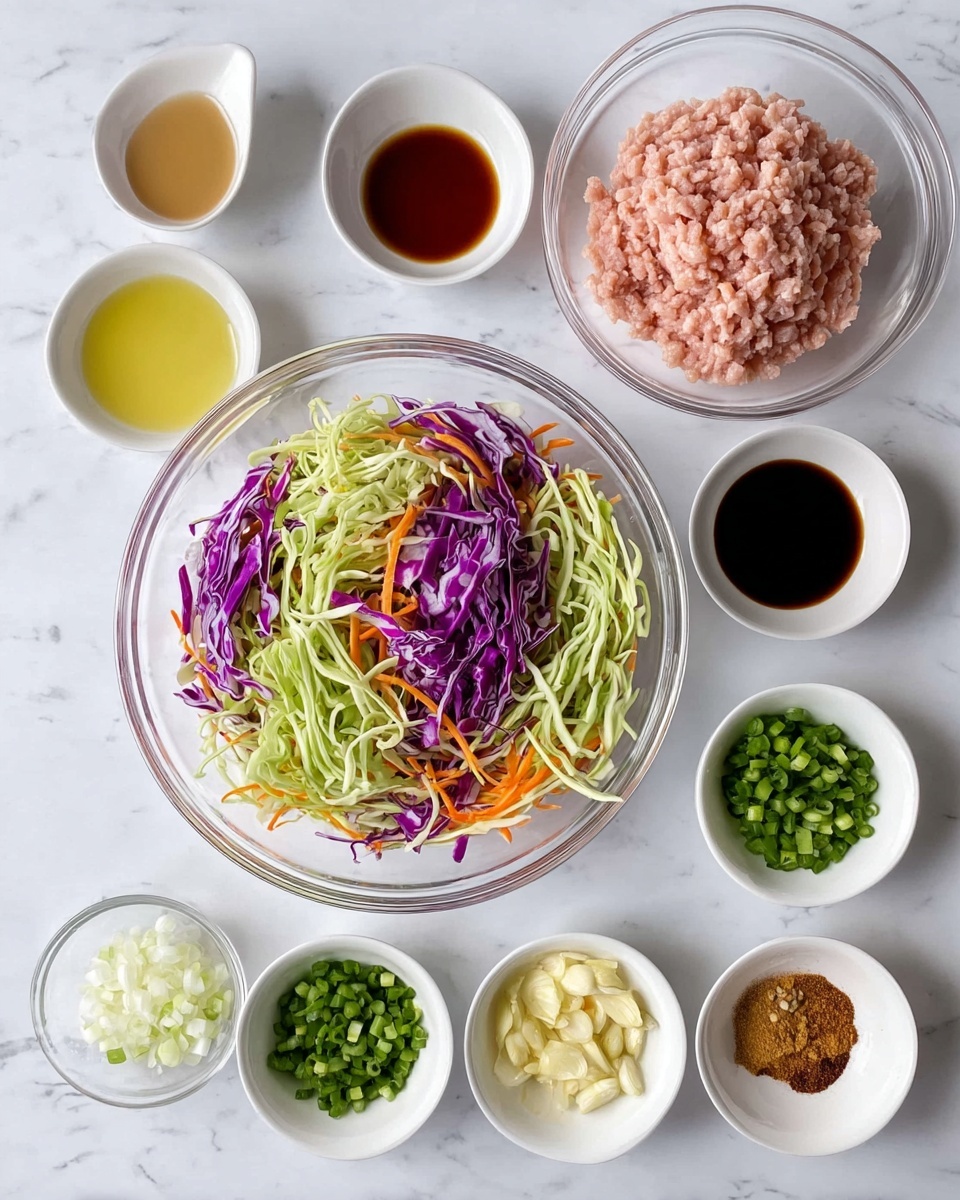 The image shows a top-down view of various ingredients arranged neatly on a white marbled surface. In the center, there is a large clear glass bowl filled with a colorful mix of shredded green cabbage, purple cabbage, and thin orange carrot strips. Above this bowl, a medium clear glass bowl holds light pink minced meat. Surrounding these two larger bowls are seven smaller white bowls containing different ingredients: one with dark soy sauce, one with light yellow oil, one with finely chopped green onions, one with ground brown spices, one with minced garlic, one with pale yellow minced ginger, and one with chopped green chili. Each bowl is spaced evenly creating a visually balanced layout. Photo taken with an iphone --ar 4:5 --v 7