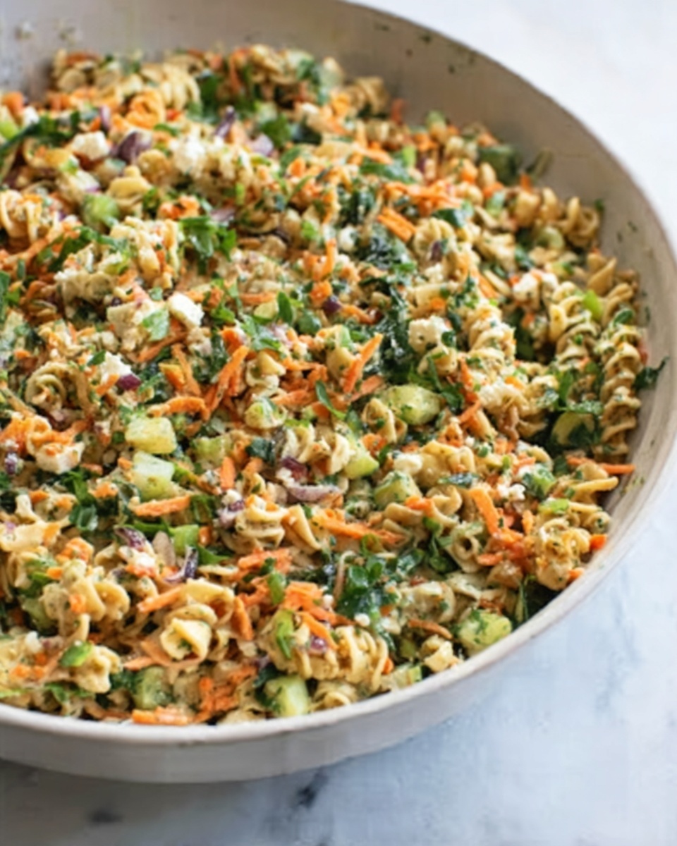 A large white bowl filled with a colorful pasta salad sits on a white marbled surface. The salad has several layers: the bottom layer is a mix of creamy light dressing coating twisted pasta, followed by diced bright orange carrots, finely chopped green herbs, and small pieces of white cheese. There are also dark green leafy pieces spread evenly throughout. The overall texture looks fresh and slightly chunky with a mix of soft pasta and crunchy vegetables. Photo taken with an iphone --ar 4:5 --v 7