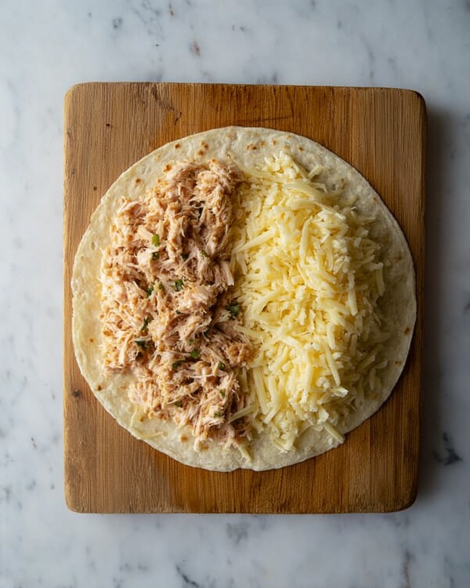 A round tortilla is placed on a wooden cutting board over a white marbled surface. The tortilla is divided into two halves; the top half is covered with a shredded mixture of cooked tuna with small green bits visible, and the bottom half is covered with grated pale yellow cheese. The textures contrast with the soft, flaky tuna and the fine, stringy cheese. The scene is well-lit with natural light highlighting the food. Photo taken with an iphone --ar 4:5 --v 7
