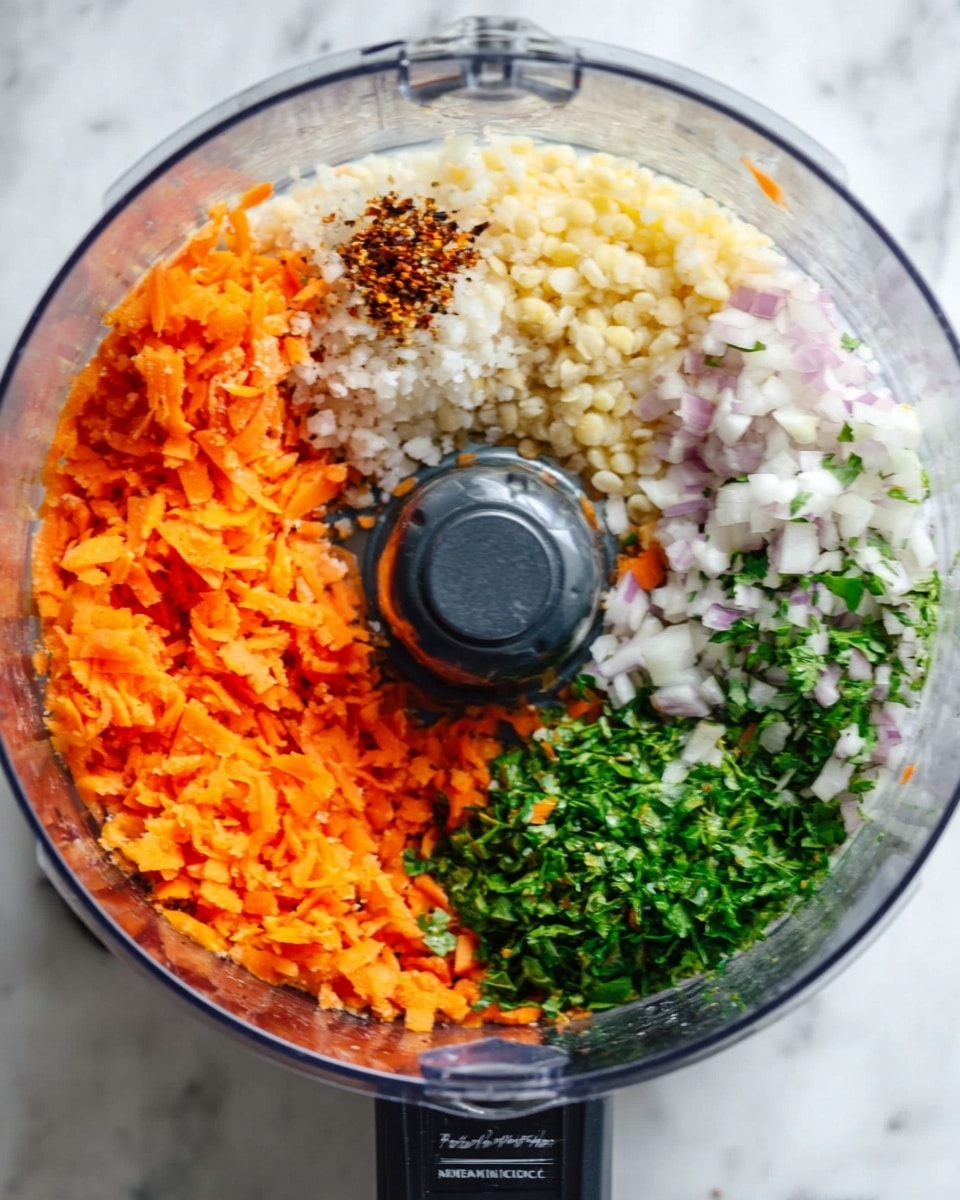 A clear round food processor bowl filled with chopped ingredients in separate sections around the center blade: bright orange shredded carrots on the bottom left, finely chopped white onion on the top right, fresh green herbs on the bottom right, light yellow chopped garlic on the top left, and small white grains (possibly rice or lentils) at the top center with a bit of dark brown spice sprinkled on them. The processor is placed on a white marbled surface. photo taken with an iphone --ar 4:5 --v 7