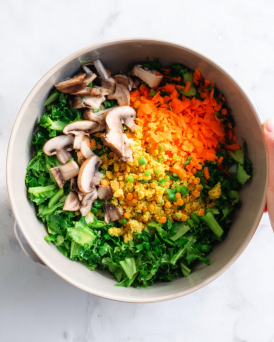 A white bowl on a white marbled surface filled with several colorful layers of chopped ingredients. The bottom layer includes bright green leafy vegetables arranged around the edge, while in the center there is a mix of finely chopped orange carrots and some yellow lentils. Sliced light brown mushrooms are scattered on top, mostly placed over the green leaves and some near the center. The layers are fresh and vibrant, showing a mix of textures from soft to crunchy. A woman's hand is about to mix the ingredients. Photo taken with an iphone --ar 4:5 --v 7