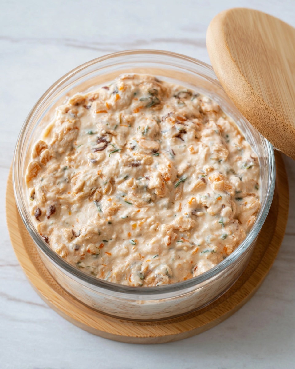 A clear glass bowl filled with a creamy, chunky mixture that has light beige and brown colors, with some green specks and small pieces of orange visible throughout. The bowl is placed on a white marbled surface next to a light wooden lid that is slightly rounded. The texture looks thick and creamy with bits and pieces mixed evenly, creating a rich and hearty appearance. photo taken with an iphone --ar 4:5 --v 7