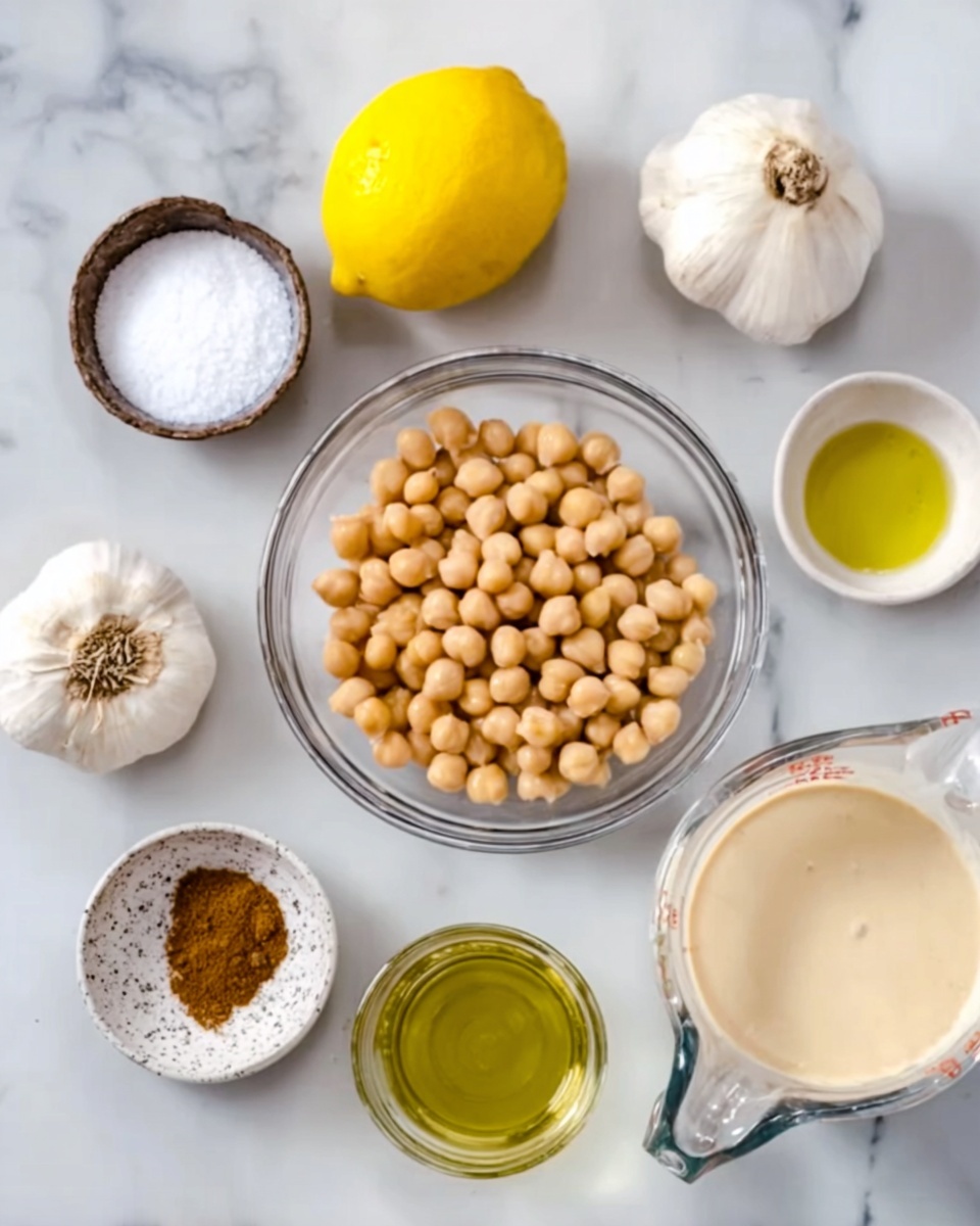 A top view image shows ingredients arranged neatly on a white marbled surface. In the center, there is a clear glass bowl filled with light beige chickpeas. To the top left, a whole yellow lemon rests next to a small bowl of white salt. Below the lemon and salt, a small bowl contains brown spice powder. Next to this spice bowl is a whole bulb of garlic. To the top right of the chickpeas, a white bowl holds a creamy off-white liquid, possibly tahini. Below this bowl, a small glass container holds a light green oil, likely olive oil. Near the bottom right corner, a small clear glass measuring pitcher contains a pale yellow liquid, possibly lemon juice. The colors include soft yellows, beiges, and white tones, all set on the smooth white marbled background. photo taken with an iphone --ar 4:5 --v 7