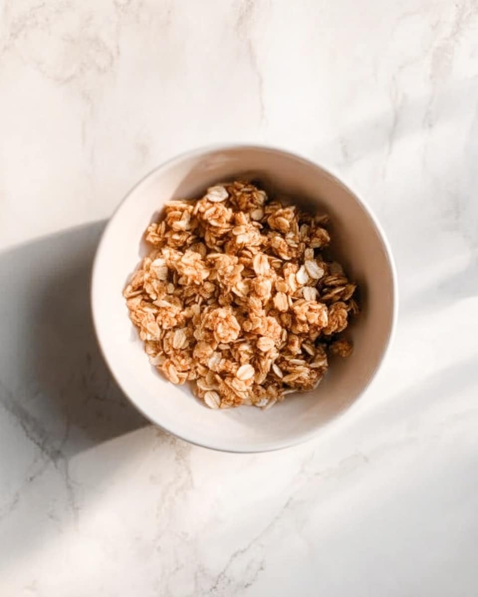 A white bowl filled with a single layer of light brown granola clusters mixed with small white oat pieces, placed on a white marbled surface with soft natural light highlighting the texture of the oats and clusters, creating a simple, clean, and fresh look photo taken with an iphone --ar 4:5 --v 7