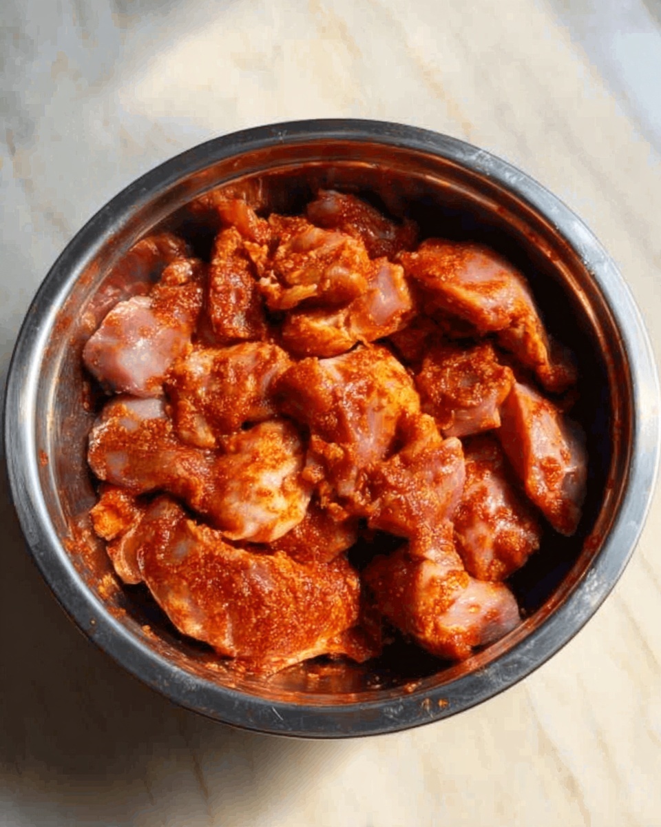 A silver metal bowl filled with many pieces of raw chicken coated in a reddish-orange sauce or seasoning. The chicken pieces are layered unevenly, showing both smooth and textured parts with the sauce covering them all. The bowl sits on a white marbled surface, reflecting soft light. Photo taken with an iphone --ar 4:5 --v 7