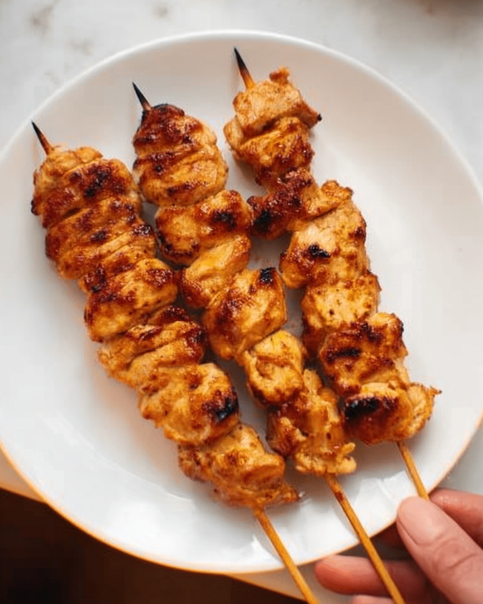 The image shows three wooden skewers of grilled chicken pieces placed side by side on a clean white plate. Each skewer has several small chunks of golden-brown chicken with visible grill marks and a slightly crispy texture. The chicken pieces look juicy and well-cooked, with a warm, toasted color. A woman’s hand is gently holding the edge of the white plate, which sits on a white marbled surface. The lighting highlights the rich, roasted tones of the chicken, making them look fresh and appetizing. photo taken with an iphone --ar 4:5 --v 7