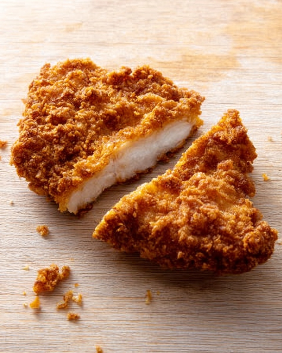 A golden brown crispy fried chicken piece is placed on a light wooden surface with one smaller piece cut and balanced next to the bigger one, showing the white cooked inside of the chicken. The crispy coating looks crunchy and textured while the chicken meat appears juicy and tender. Small crumbs from the fried coating are scattered lightly around the chicken. photo taken with an iphone --ar 4:5 --v 7