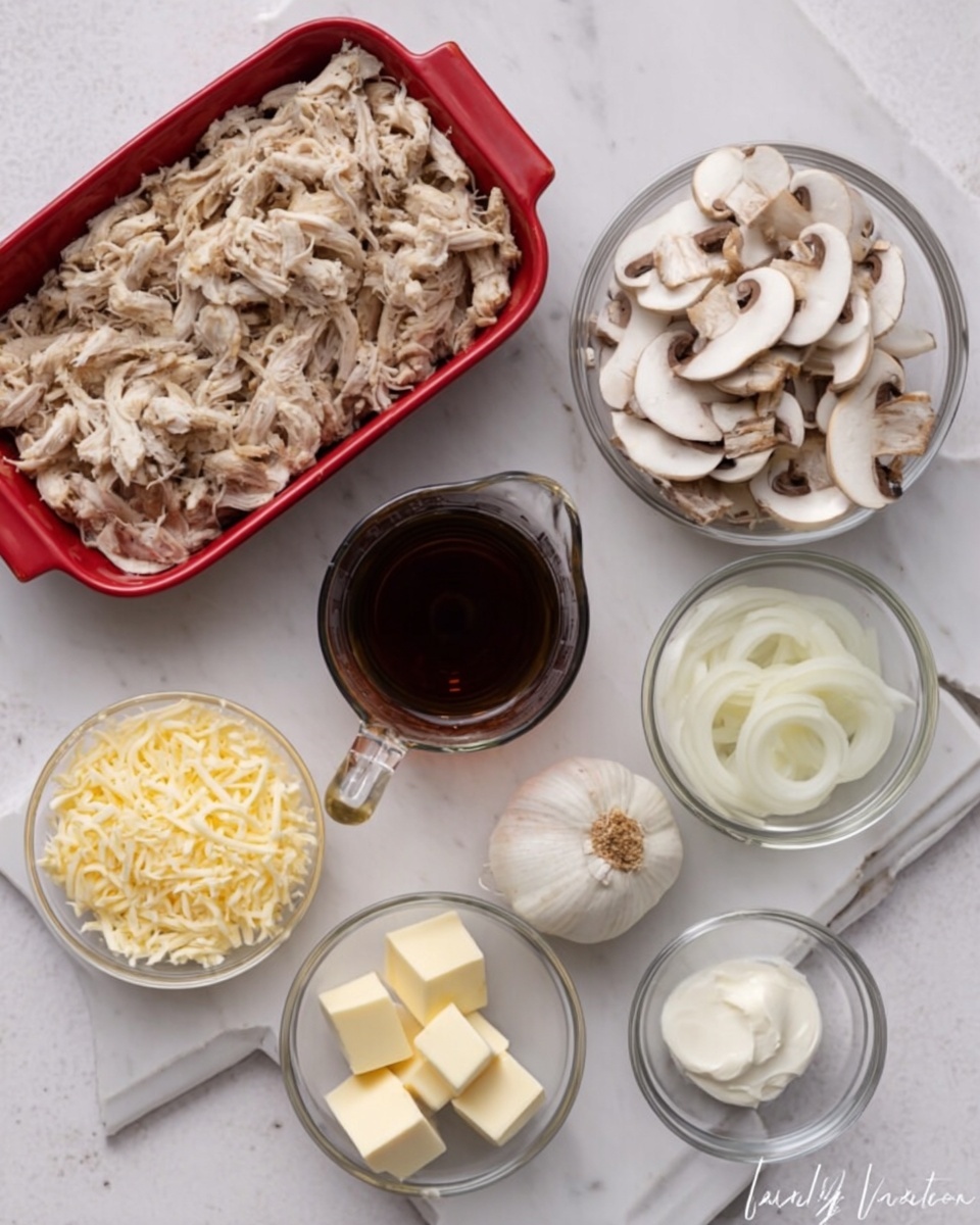 The image shows a white marbled surface with several ingredients neatly arranged. In the top left, there is a red baking dish filled with shredded cooked chicken. To the right of the dish is a clear glass bowl with sliced white mushrooms. Below the mushrooms, there is a clear bowl with sliced onions. In the center is a glass measuring cup filled with dark liquid, likely broth. Near the bottom left, there is a small glass bowl of shredded yellow cheese, a glass bowl with white sour cream, a couple of garlic cloves, and a clear bowl with cubes of butter. Everything is organized in separate containers on the white marbled surface, creating a clean and simple layout. Photo taken with an iphone --ar 4:5 --v 7