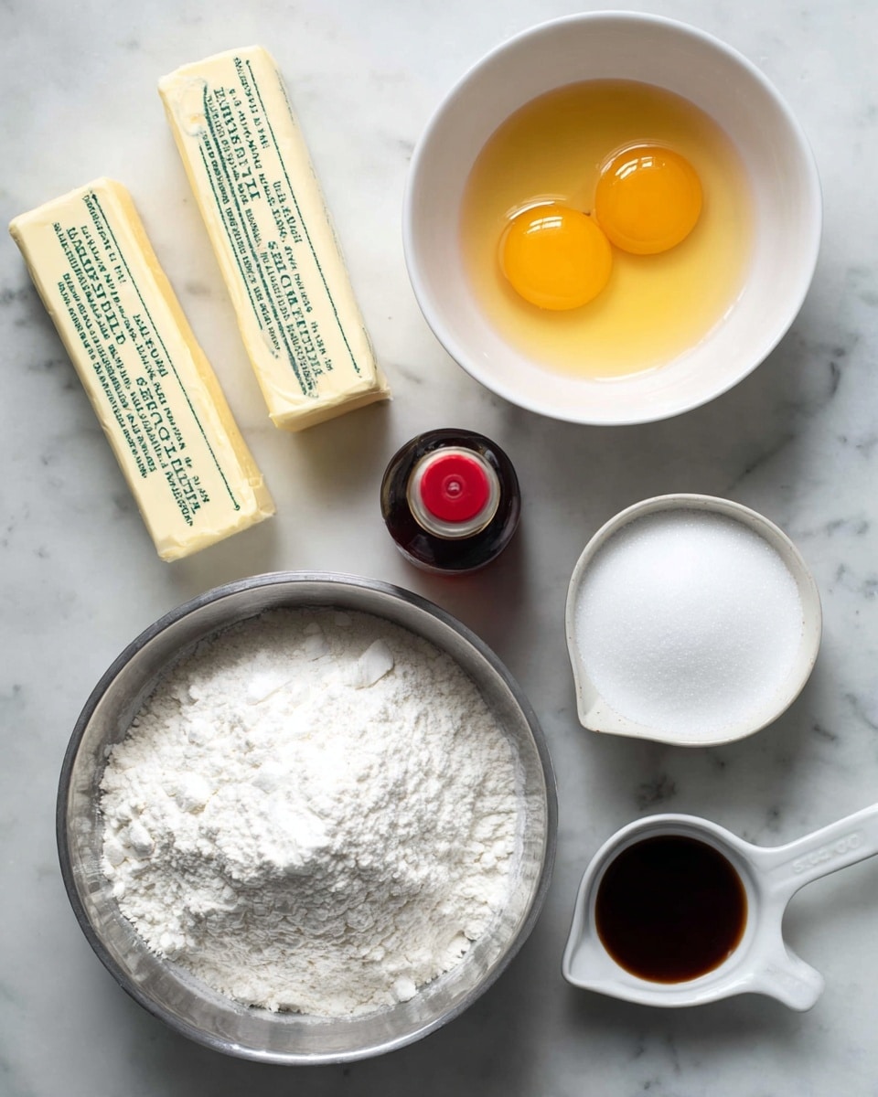 The image shows several baking ingredients arranged neatly on a white marbled surface. Two sticks of pale yellow salted butter with green text are placed at the top left. Next to them on the right, there is a white bowl with two raw eggs, their bright yellow yolks visible. Below the eggs, a small bottle with dark liquid and a red cap lies horizontally. On the bottom right, a white measuring cup filled with fine white sugar is seen. Near the sugar, a small white container holds a dark brown liquid, likely vanilla extract. On the bottom left, a white ramekin contains white powder, probably baking powder or salt. Finally, in the bottom center, a metal bowl is filled with white flour, slightly heaped above the rim. Photo taken with an iphone --ar 4:5 --v 7