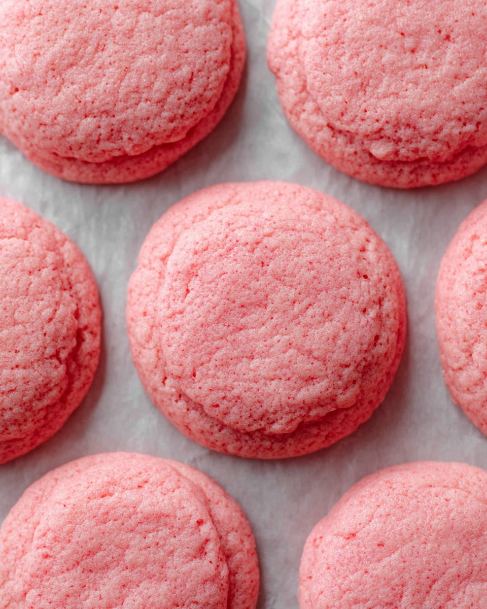 The image shows several round pink cookies with a slightly rough and soft texture on top. They are arranged closely together on a sheet of parchment paper, which lies on a white marbled surface. The cookies have a uniform shape and size, each with a slightly domed top and a consistent pink color. The focus is close up, capturing the bumpy, almost spongy look of the cookie surface clearly. photo taken with an iphone --ar 4:5 --v 7