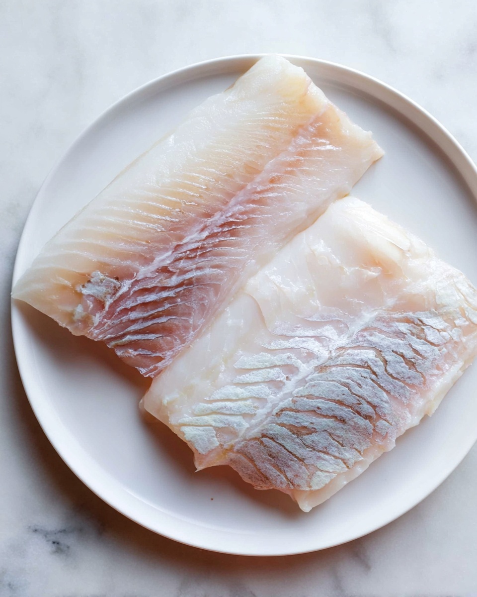The image shows two pieces of raw white fish fillets on a white plate. Each fillet has a shiny, slightly translucent appearance with a mix of pale cream and light pink colors. The top layer of the fillets displays thin, dark gray patterns that look like natural skin markings. The fillets are laid flat, overlapping slightly, and showing gentle curves and soft textures on the edges. The plate is on a white marbled surface. photo taken with an iphone --ar 4:5 --v 7