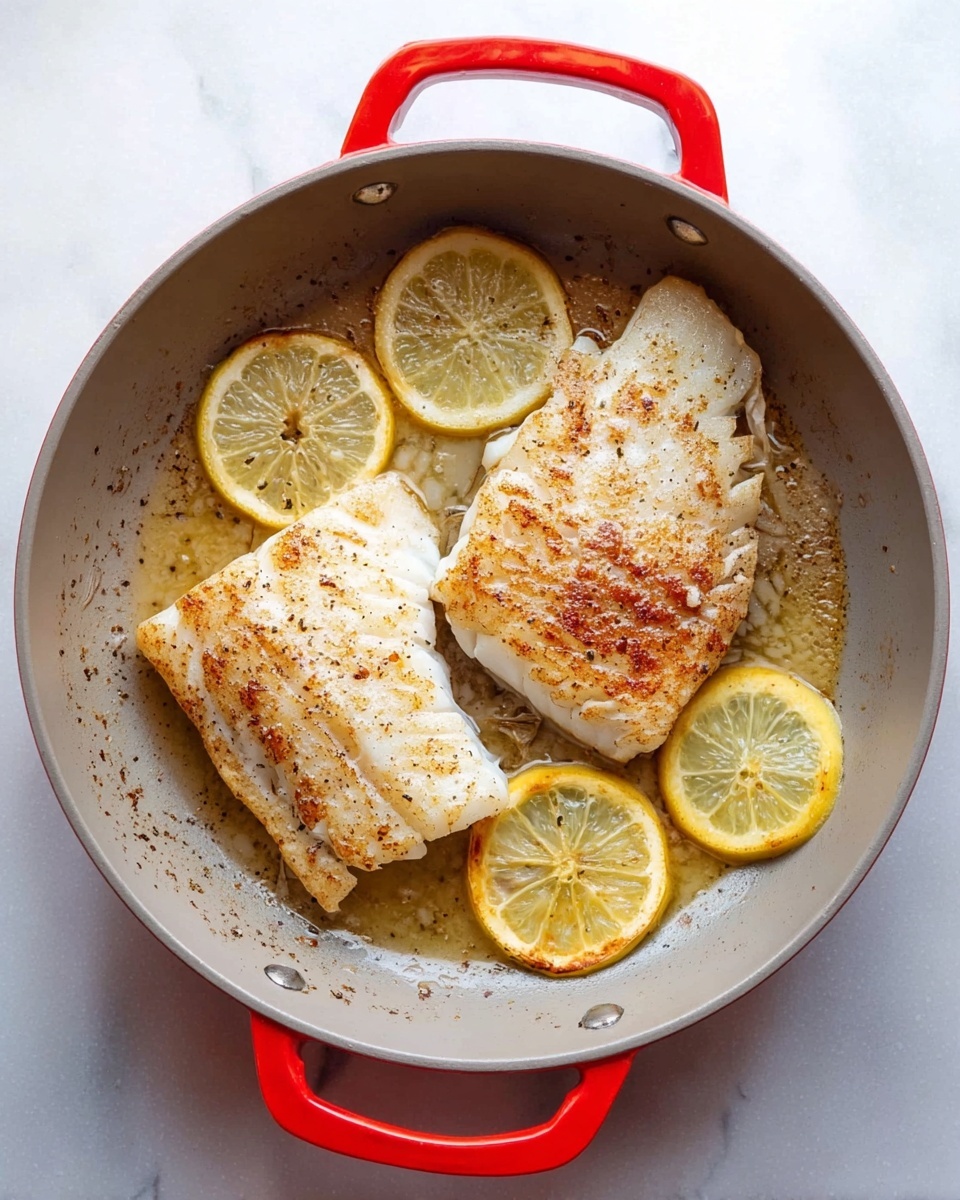 A round grey pan with red handles holds two pieces of cooked white fish that have a light brown sear on top. Under and around the fish are four round lemon slices, showing their light yellow color and slightly translucent texture. The pan contains some light brown cooking juices pooling at the bottom. The pan rests on a white marbled surface. photo taken with an iphone --ar 4:5 --v 7