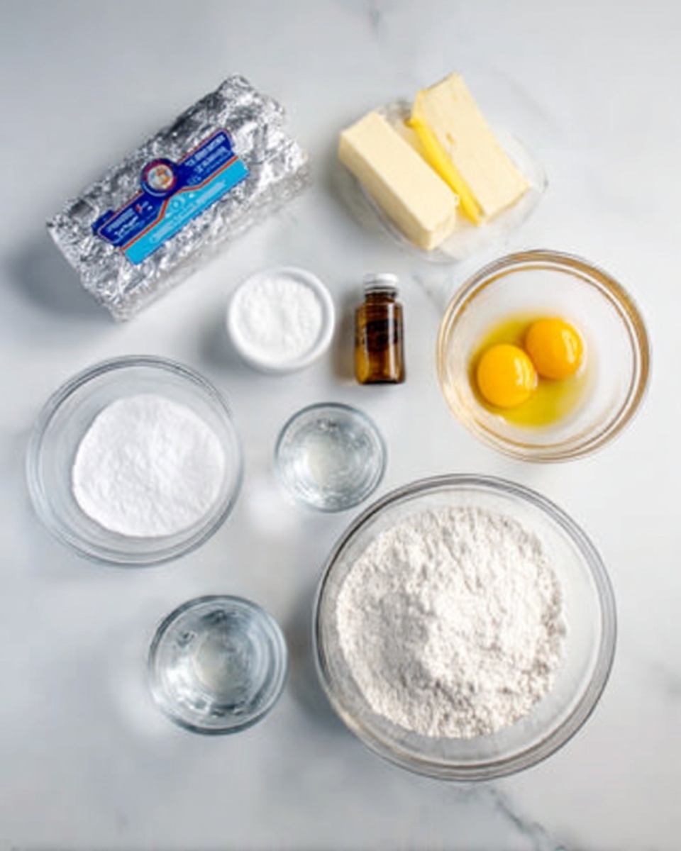 The image shows a white marbled surface with small clear glass bowls and containers arranged neatly. There is a large clear bowl filled with white flour on the right, a medium clear bowl filled with white sugar below it, and a small clear bowl with two egg yolks at the top right. Around these bowls are a small white bowl with salt, a wrapped block of butter with silver and blue packaging, another wrapped block of cream cheese with silver packaging, a small clear bowl with baking soda, a small clear bowl with water, and a small amber bottle with a dropper in the center. photo taken with an iphone --ar 4:5 --v 7