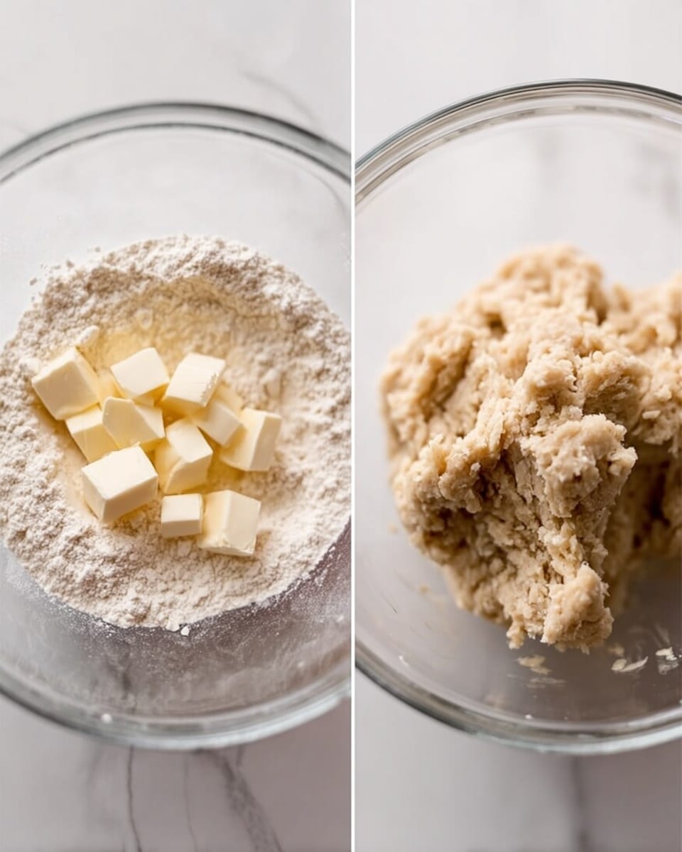 The image shows two side-by-side close-ups of dough preparation in clear glass bowls, all placed on a white marbled surface. On the left, the bowl contains a dry mix of white flour and small pale yellow cubes of butter scattered evenly on top. On the right, the bowl holds a rough, rough-textured dough in a light beige color that looks slightly crumbly but starting to come together. Both bowls are simple and transparent, allowing the ingredients and dough texture to be clearly seen inside. photo taken with an iphone --ar 4:5 --v 7