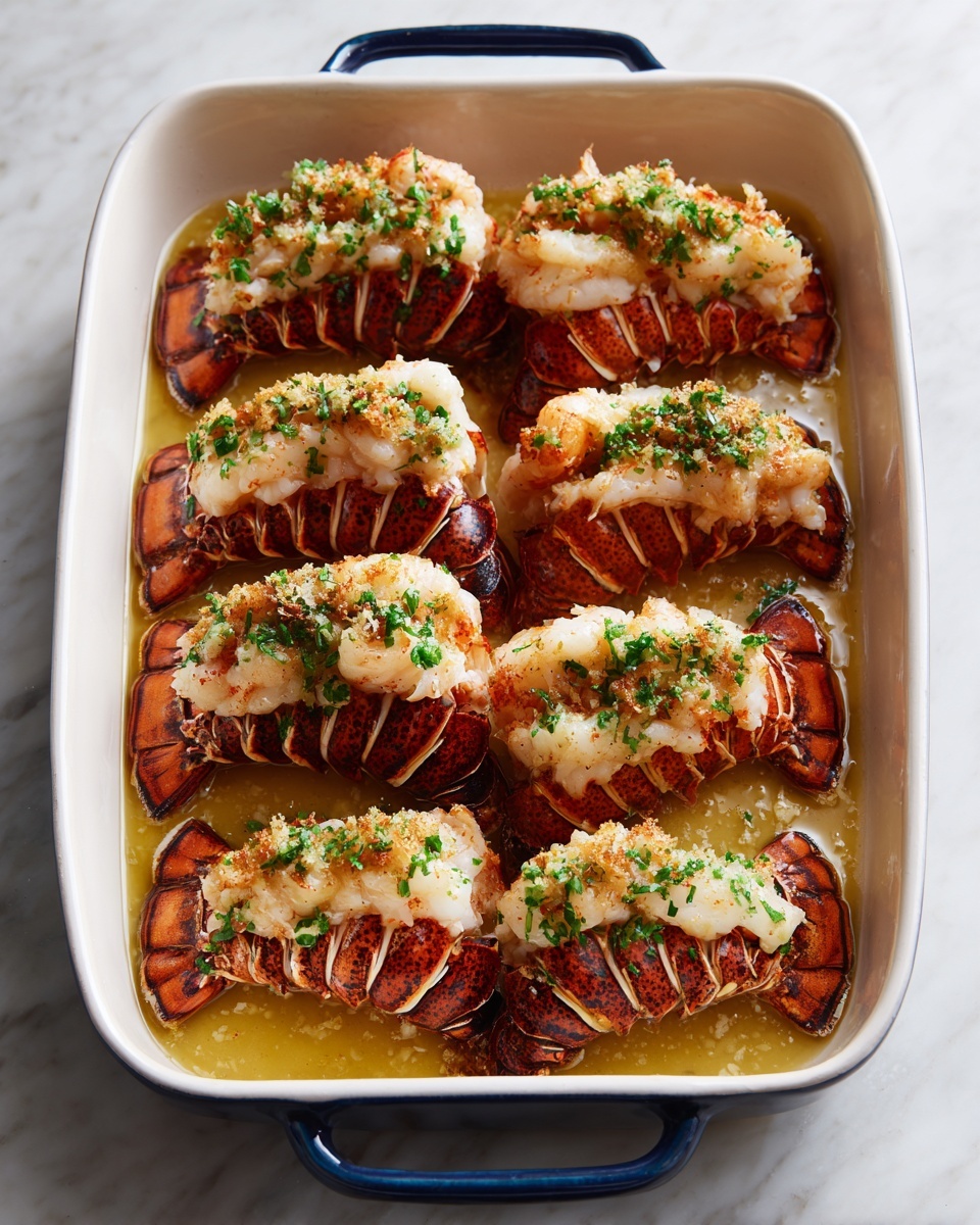 A white rectangular baking dish with blue handles holds eight lobster tails arranged in two rows on a white marbled surface. Each tail has a dark reddish-brown shell layer on the bottom with a textured pattern, topped with a pale pink and white cooked lobster meat layer sprinkled with finely chopped green herbs and small bits of a light-colored topping. A glossy yellow buttery sauce pools around the tails, giving a shiny and moist look to the dish. The image has soft, natural lighting coming from the top, emphasizing the textures and colors of the lobster tails. Photo taken with an iphone --ar 4:5 --v 7