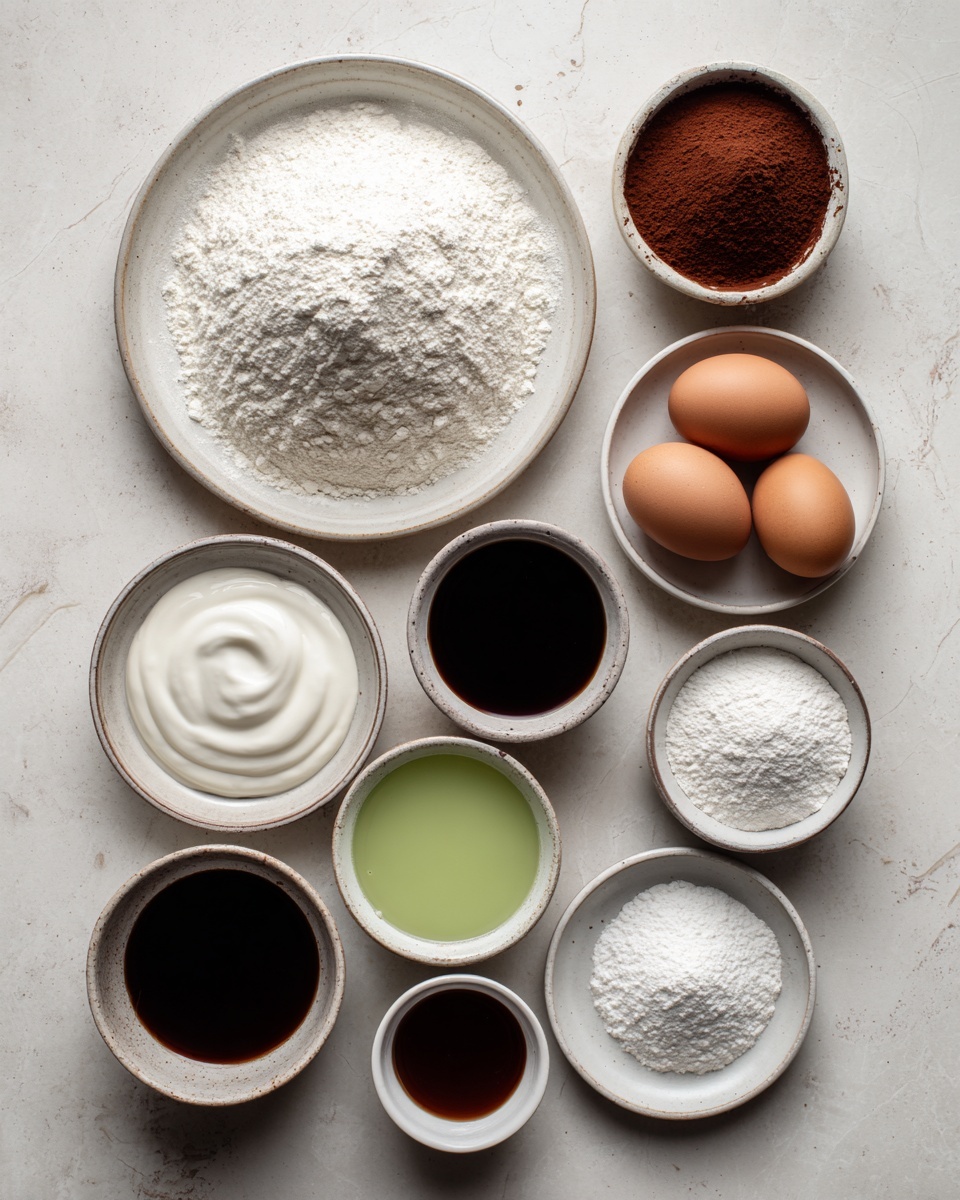 The image shows nine white dishes arranged neatly over a white marbled surface, each holding different baking ingredients. The top left has a large round white plate with white flour, next to it is a small round white bowl with brown cocoa powder, and to the right, two brown eggs rest on a small white plate. Below the flour plate is an empty small round white plate. Next to it is a small round white bowl with dark brown liquid, below that is a small round white bowl with light green liquid. To the left of this, a small round white bowl holds white cream or yogurt. Below the small liquid bowls, a small white bowl contains dark brown liquid, and there are two small white plates, each with a white powder on them. The setup is neat and organized, showing the ingredients clearly. Photo taken with an iphone --ar 4:5 --v 7