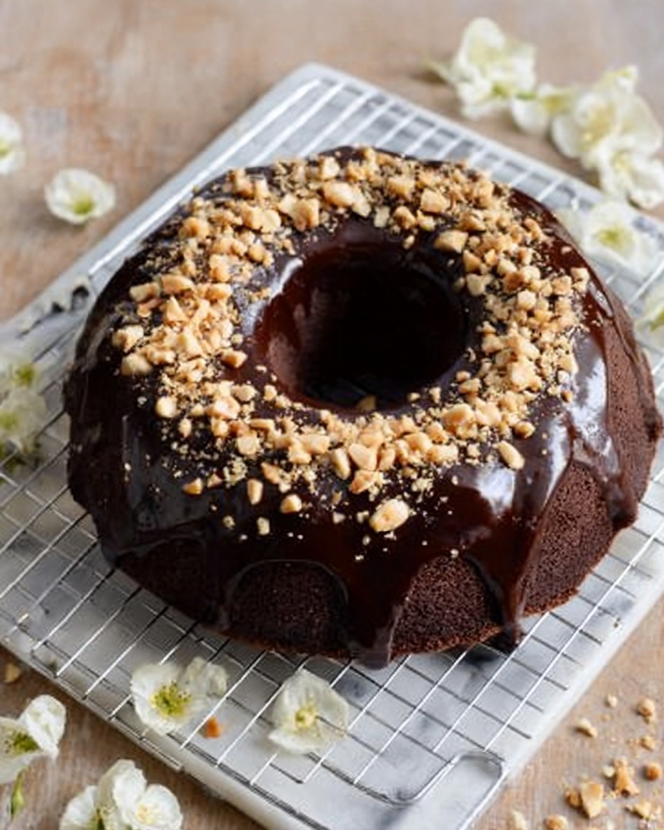 A round chocolate cake sits on a white cooling rack over a white marbled surface. The cake has a smooth, shiny dark chocolate glaze that covers the entire top and drips slightly down the sides. Around the outer edge of the top, there is a ring of chopped light brown nuts, adding texture and contrast. The cake itself is dark brown with a moist, dense appearance. White flower petals decorate the marbled surface around the cake, adding a soft touch. Photo taken with an iphone --ar 4:5 --v 7