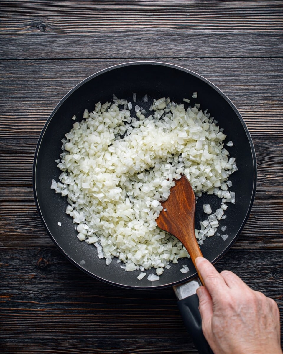 A top view of a black non-stick pan filled with a thick layer of small, white, chopped onions evenly spread inside. A wooden spoon is stirring the onions, held by a woman's hand coming from the right side of the image. The pan is placed on a dark wooden surface with visible wood grain texture. The lighting is natural, highlighting the freshness and translucency of the onions. photo taken with an iphone --ar 4:5 --v 7