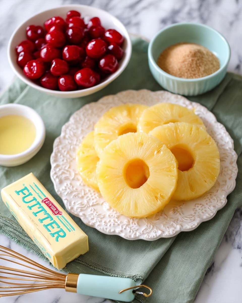 The image shows six yellow pineapple rings arranged in two uneven layers on a white decorative plate, set on a green cloth over a white marbled surface. Nearby, there is a white bowl filled with bright red cherries, a stick of butter in yellow wrapper lying flat with the word