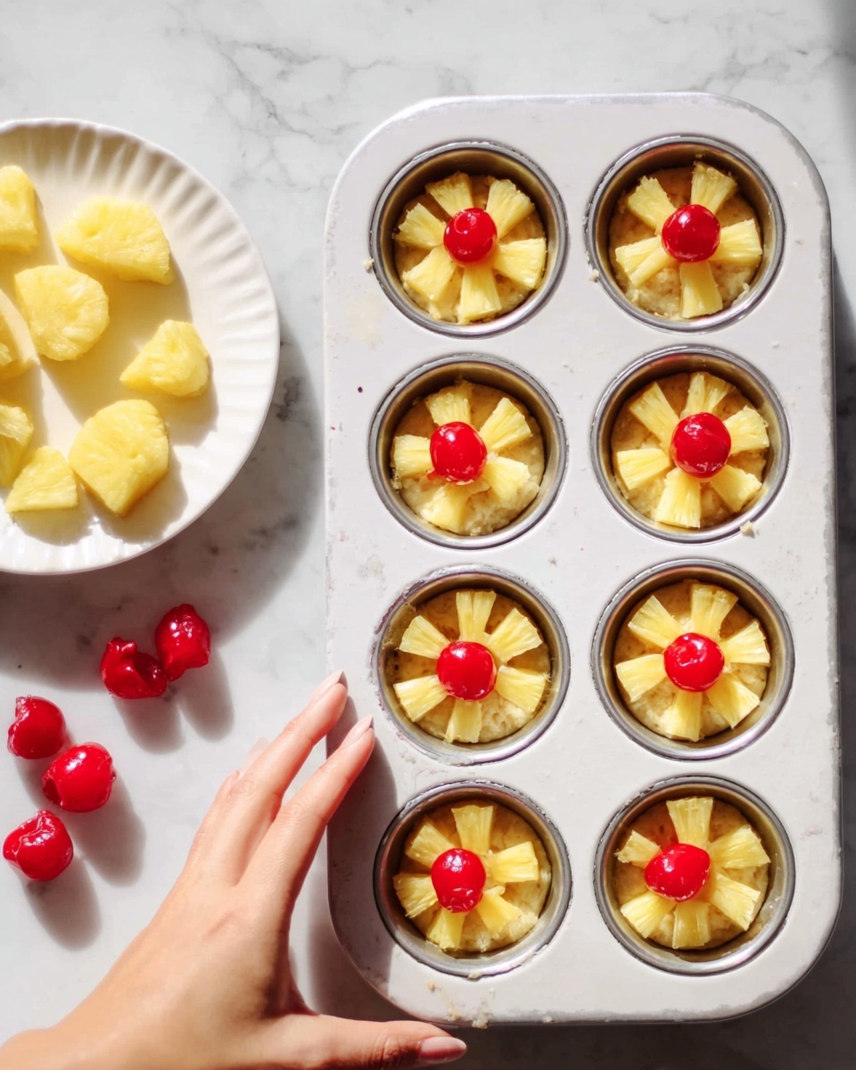 The image shows a white muffin tray with nine round wells, each filled with a dough layer. On top of each dough base, there are small pieces of yellow pineapple arranged in a circular shape with gaps between them, forming a flower-like design. Each pineapple circle is centered with one bright red cherry, adding a pop of color. To the left of the muffin tray, there is a white plate with extra pineapple pieces and some loose red cherries on the white marbled surface underneath. A woman's hand is reaching from the left side towards the muffin tray. The overall lighting is bright and natural, highlighting the fresh ingredients. Photo taken with an iphone --ar 4:5 --v 7