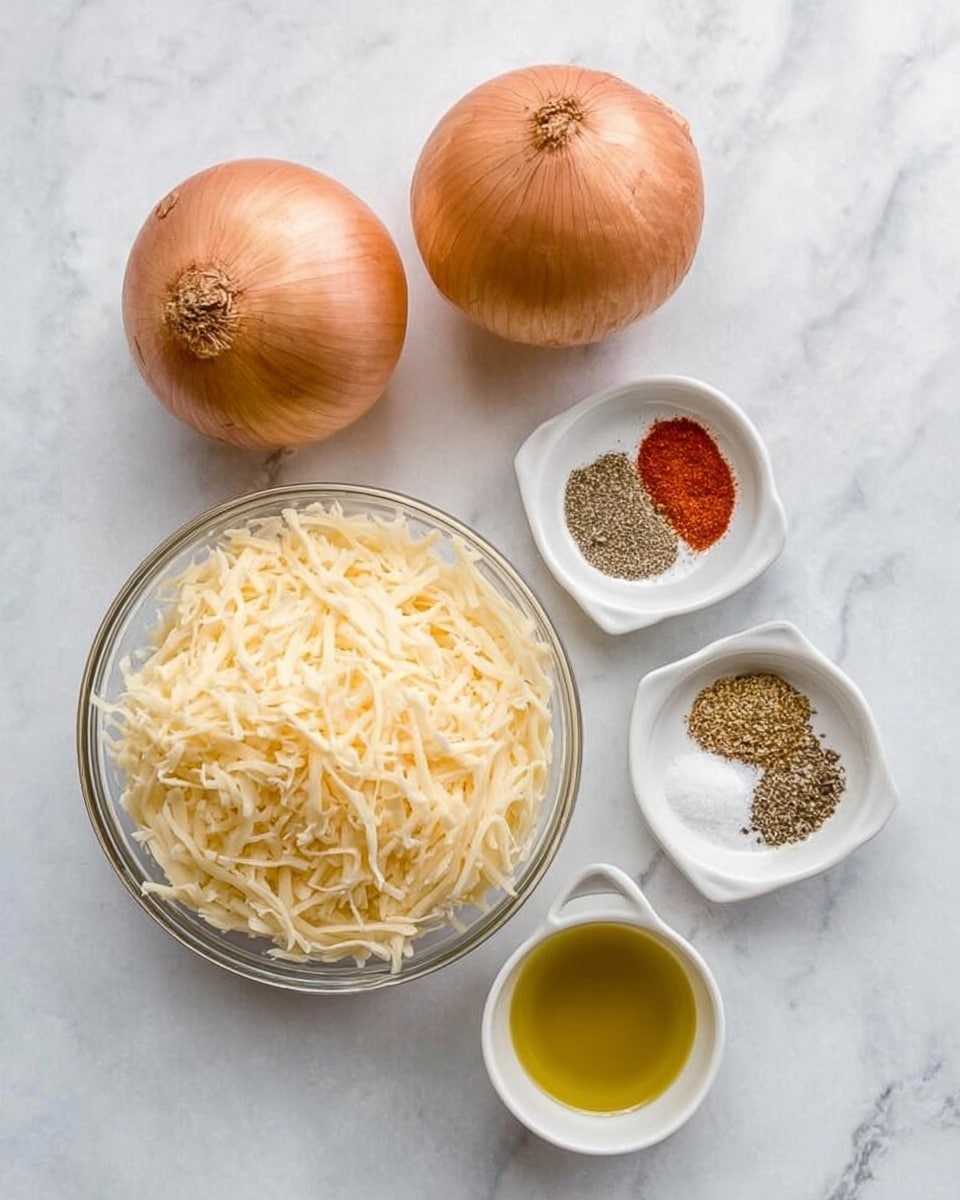 The image shows five cooking ingredients on a white marbled surface. At the bottom center is a clear glass bowl filled with shredded pale yellow cheese. Above and to the left of the cheese bowl, two whole brown onions sit side by side, showing their smooth, papery skin. To the right of the onions is a small white bowl divided into four sections, each containing a different spice: black pepper, salt, paprika, and garlic powder. Below the spice bowl is a small white cup filled with light yellow olive oil. The photo taken with an iphone --ar 4:5 --v 7