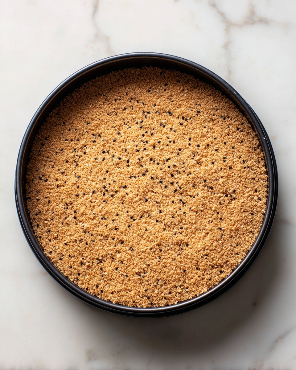 A black round pan filled with a single, flat layer of light brown breadcrumbs with small black specks spread evenly to cover the bottom, placed on a white marbled surface photo taken with an iphone --ar 4:5 --v 7