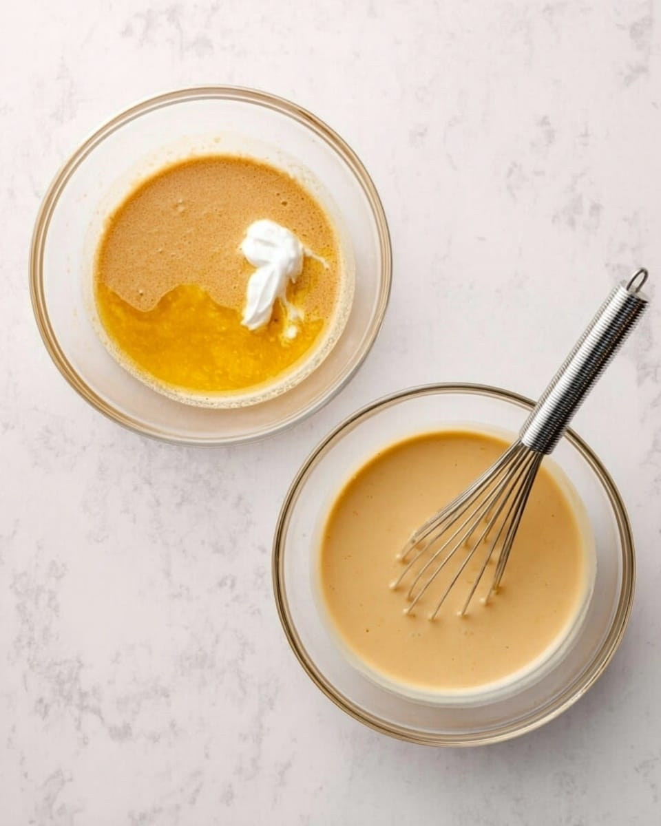 The image shows two clear glass bowls on a white marbled surface. The left bowl holds several layers of ingredients including a light brown creamy base, a yellow syrup-like layer on top, and a small dollop of white cream on one side. The right bowl shows the same mixture well blended into a smooth, light tan-colored liquid, with a metal whisk resting inside. Photo taken with an iphone --ar 4:5 --v 7