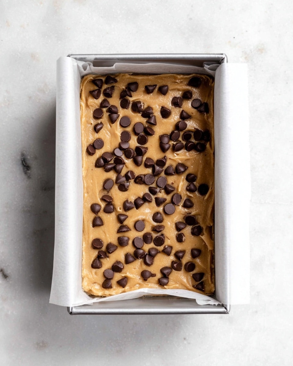 A small rectangular metal baking pan lined with white parchment paper holds one thick layer of light brown cookie dough filled with many dark brown chocolate chips spread evenly on top. The pan is placed on a white marbled surface, viewed from above, showing the rough texture of the dough contrasted with the smooth, rounded chocolate chips scattered across it. photo taken with an iphone --ar 4:5 --v 7
