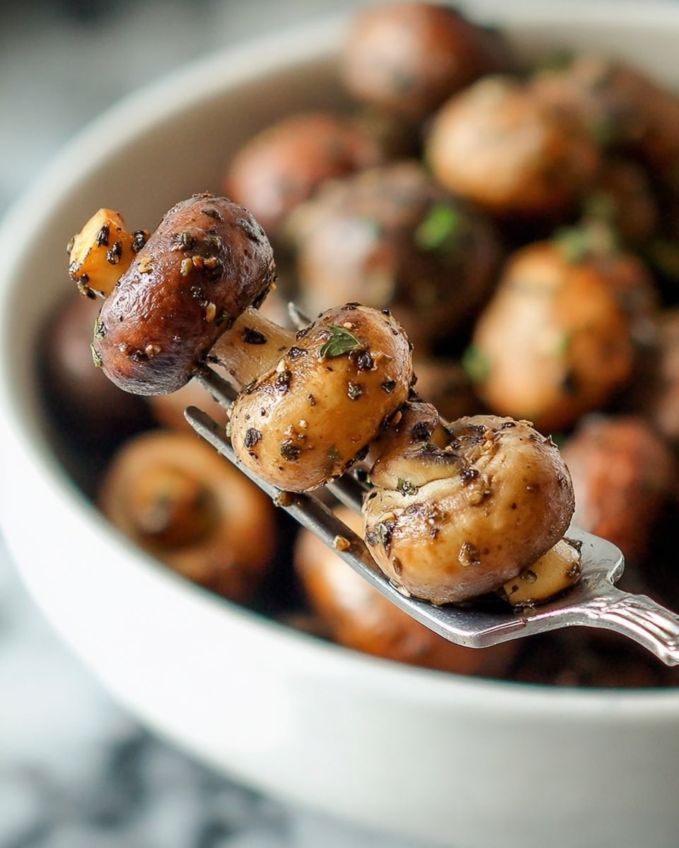 The image shows a close-up of four cooked mushrooms skewered on a silver fork. Each mushroom has a slightly browned, seasoned surface with herbs and black pepper flakes visible on their textured skin, adding a speckled look. The mushrooms vary in color from light brown to dark brown, with a soft and slightly glossy texture suggesting they are roasted or sautéed. The background is blurred with more mushrooms seen in soft focus inside a white bowl set on a white marbled surface. The photo taken with an iphone --ar 4:5 --v 7
