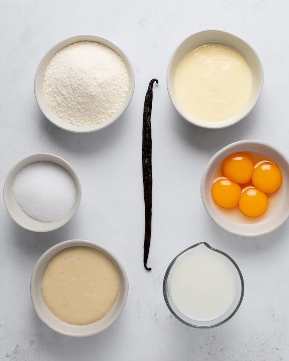 The image shows six white bowls and one whole vanilla bean arranged on a white marbled surface. Five of the bowls contain different cooking ingredients, each with varied textures and colors: one bowl has a fine white powder, another has granulated white sugar, a third holds a smooth pale yellow cream, a fourth is filled with a thick beige mixture, and the last bowl contains four bright orange egg yolks closely packed together. Alongside these bowls is a clear glass cup filled with a white liquid. The whole vanilla bean is long, dark brown, and placed horizontally in the center of the arrangement. Photo taken with an iphone --ar 4:5 --v 7