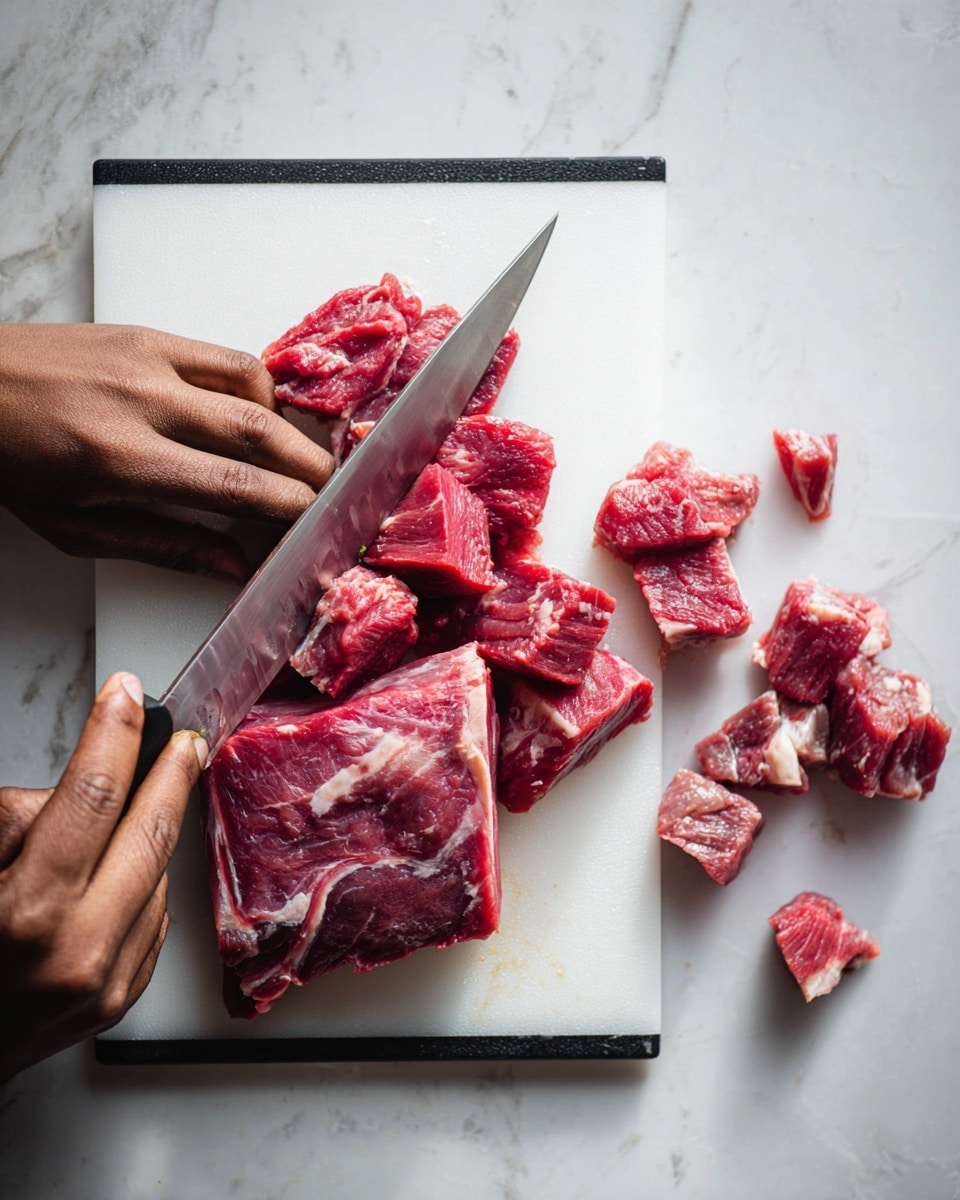 A thick piece of raw red meat with some white fat is placed on the left side of a white cutting board with black edges, resting on a white marbled texture surface. Next to it, a woman's hand is slicing the meat into thick rectangular pieces with a large shiny knife. To the right side of the cutting board, there are several uneven chunks of red meat with white fat scattered together. photo taken with an iphone --ar 4:5 --v 7