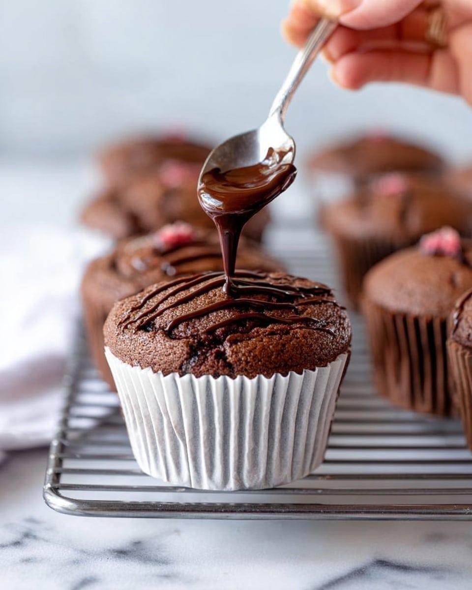 A close-up of a chocolate cupcake on a white cupcake liner placed on a metal cooling rack. The cupcake has a rough dark brown top with a woman’s hand holding a silver spoon above it, pouring smooth, shiny dark chocolate sauce in thin lines over the center. More chocolate cupcakes are visible slightly blurred in the background on the cooling rack. The surface underneath the rack has a white marbled texture. Photo taken with an iphone --ar 4:5 --v 7