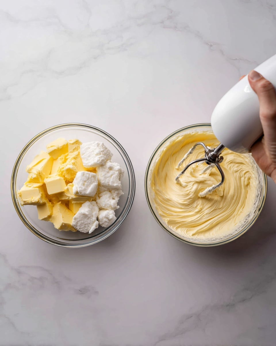 The image shows two side-by-side clear glass bowls on a white marbled surface. The left bowl contains yellow butter and white sugar lumps, while a woman's hand holds a white electric mixer above it. The right bowl shows the same mixture after being whipped, becoming light and creamy with a pale yellow color. The electric mixer's beaters are inside the bowl, still mixing the fluffy mix. photo taken with an iphone --ar 4:5 --v 7