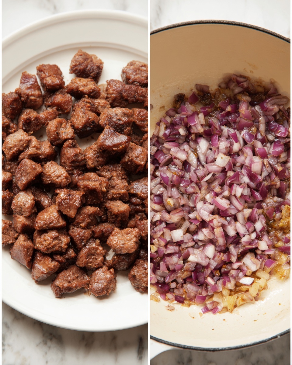 The image shows two side-by-side views of cooking steps for a dish. On the left, there is a white plate filled with many small, browned chunks of cooked meat, each piece textured with a crispy-looking surface and rich brown color. On the right, a white pot with light beige inside holds finely diced red onions being cooked; the onions are softening with a slightly translucent look and some bits beginning to turn golden brown. The background is a white marbled surface. photo taken with an iphone --ar 4:5 --v 7