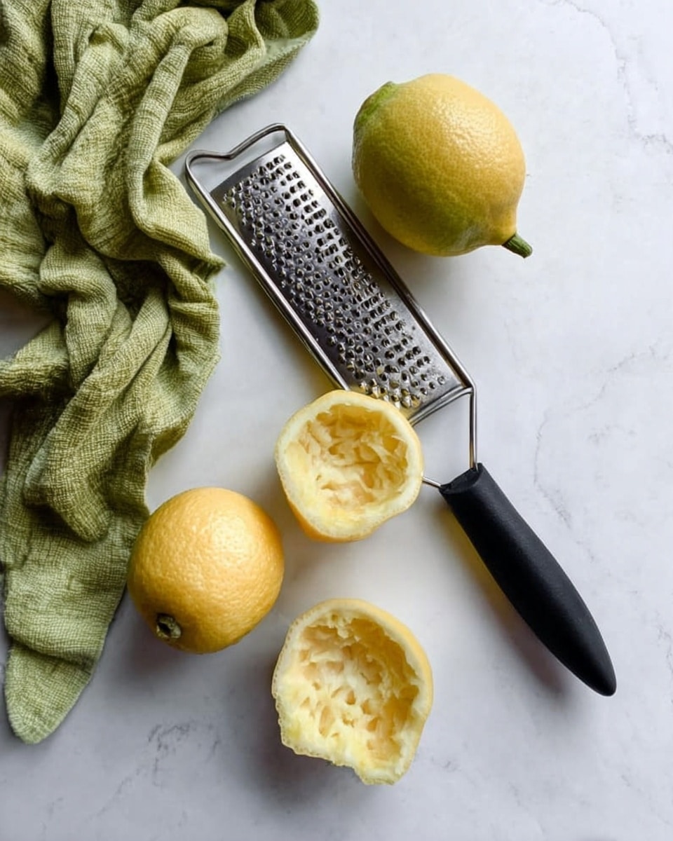 The image shows a white marbled surface with a metal grater that has a black handle placed horizontally. On top of the grater, there are three hollowed-out lemon halves with pale yellow, textured skins and a slight shine. Nearby is a lemon top with a small stem attached, showing the same pale yellow color and texture. To the left of the grater is a crumpled green cloth with a soft texture. The scene is brightly lit with soft shadows. photo taken with an iphone --ar 4:5 --v 7