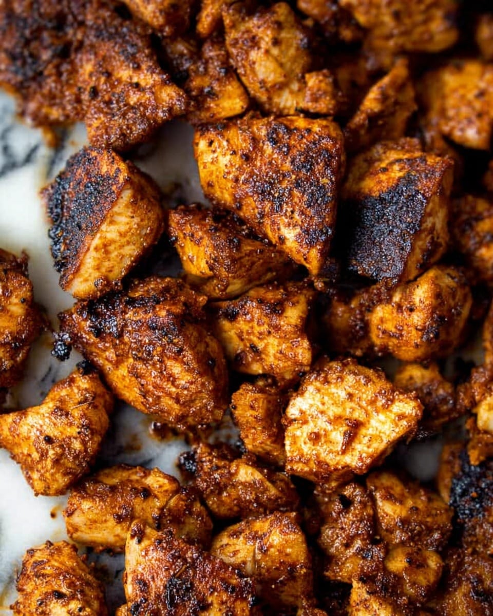 The image shows many small, browned pieces of cooked chicken spread out closely together, with a rich brown color and some blackened edges from grilling or frying. The pieces have a textured surface with visible spices and char marks, creating a slightly rough and crispy look. The background is a white marbled textured surface, making the chicken pieces stand out clearly. photo taken with an iphone --ar 4:5 --v 7