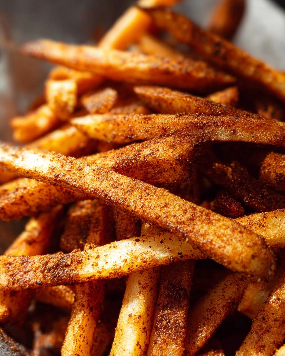 A close-up view of many crispy fries piled up together, showing a golden brown color with a coating of dark brown spices that create a textured look on each fry. The fries have rough edges and a crunchy surface, with some light shining on them that highlights their crispiness and seasoning. The background is softly blurred, making the fries the clear focus. photo taken with an iphone --ar 4:5 --v 7