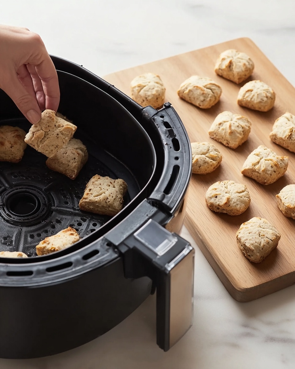 The image shows small round biscuit-like pieces with a light golden color and some darker spots, arranged in groups of four on a wooden board on a white marbled surface. A woman's hand is placing one of the biscuit pieces inside a black air fryer basket. The biscuits have a rough texture and are about bite-sized, with some slight cracks and a layered look on top. The scene looks clean and simple, focusing on the biscuits and the action of putting them in the air fryer. Photo taken with an iphone --ar 4:5 --v 7