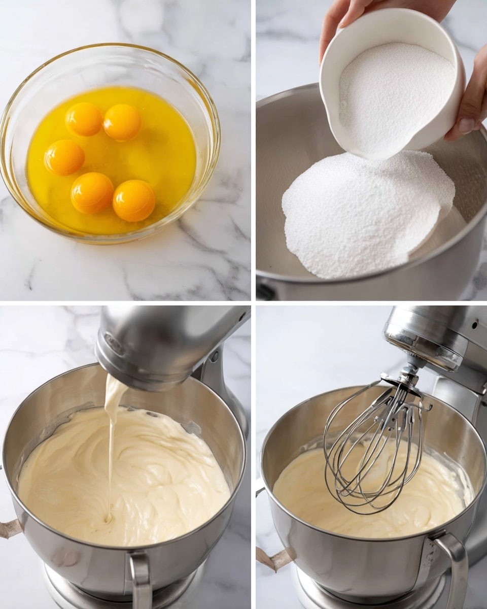 The image shows four steps of making a mixture in a shiny metal bowl on a white marbled surface. The first part shows four raw egg yolks in a clear glass bowl about to be poured into the metal bowl. The second part shows the egg yolks inside the metal bowl with white granulated sugar added on top, and a woman's hand holding a white bowl with more sugar ready to pour. The third part shows the mixture after being whipped, now light and frothy with a pale cream color filling the metal bowl. The last part shows a close-up of a metal whisk attached to a mixer above the thick, smooth, pale cream mixture in the bowl. Photo taken with an iphone --ar 4:5 --v 7