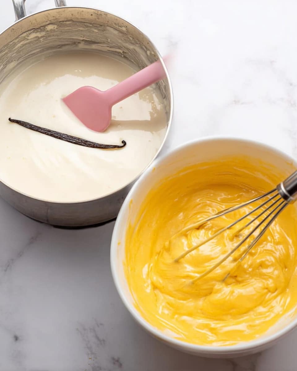 The image shows two cooking bowls side by side on a white marbled surface. On the left, a silver pot contains a smooth, creamy white mixture with a vanilla pod resting on top, and a pink spatula is partly dipped into the mix. On the right, a white bowl holds a thick, shiny yellow batter being stirred with a metal whisk, with some mixture sticking lightly to the bowl's sides. Photo taken with an iphone --ar 4:5 --v 7
